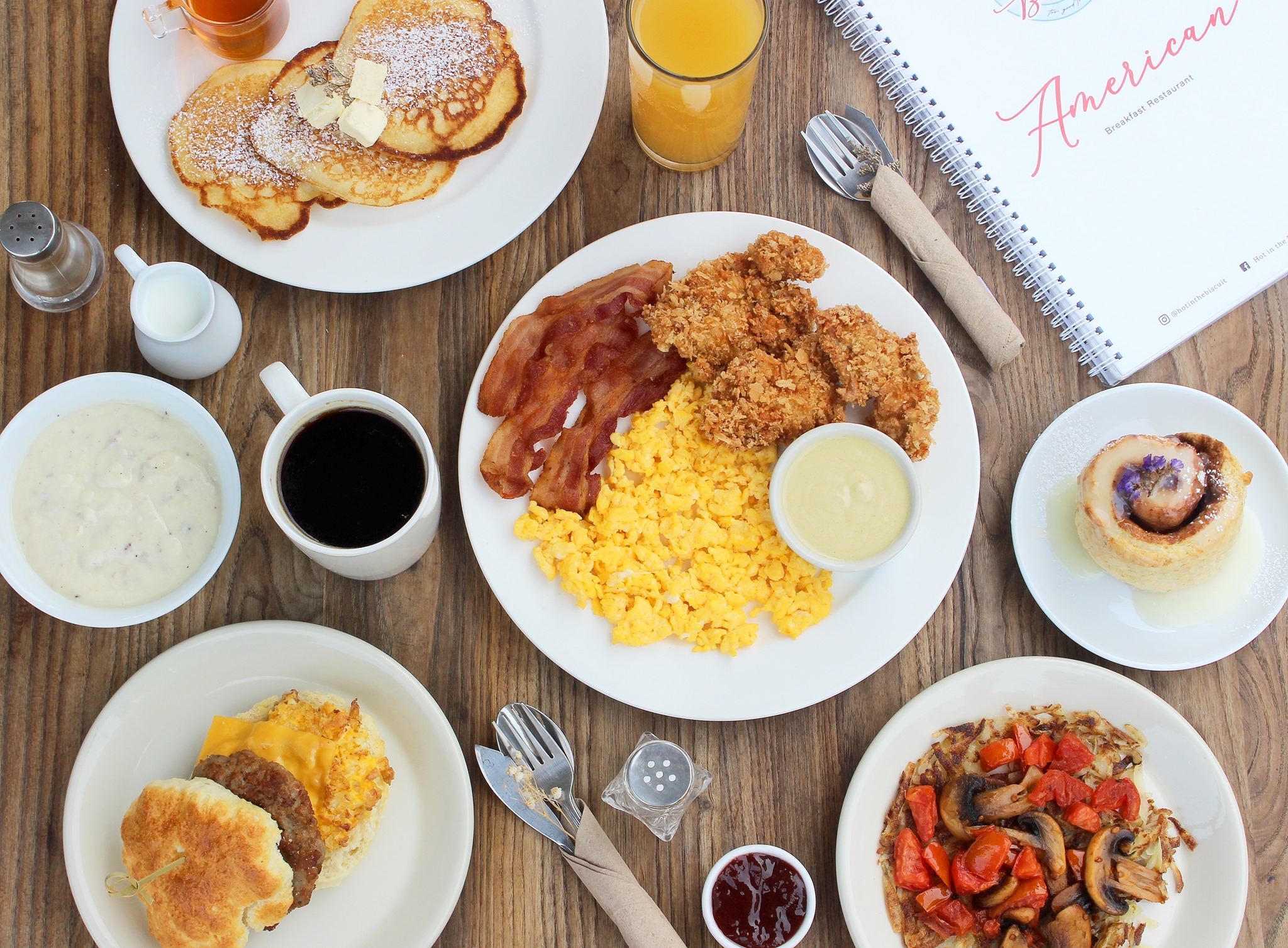 An assortment of typical American breakfast dishes